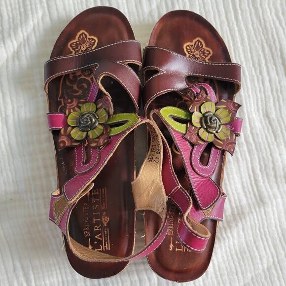 L'Artiste Womens EU 42 US 10 Tooled Leather Sandals Floral Pink Brown Green - Picture 3 of 10